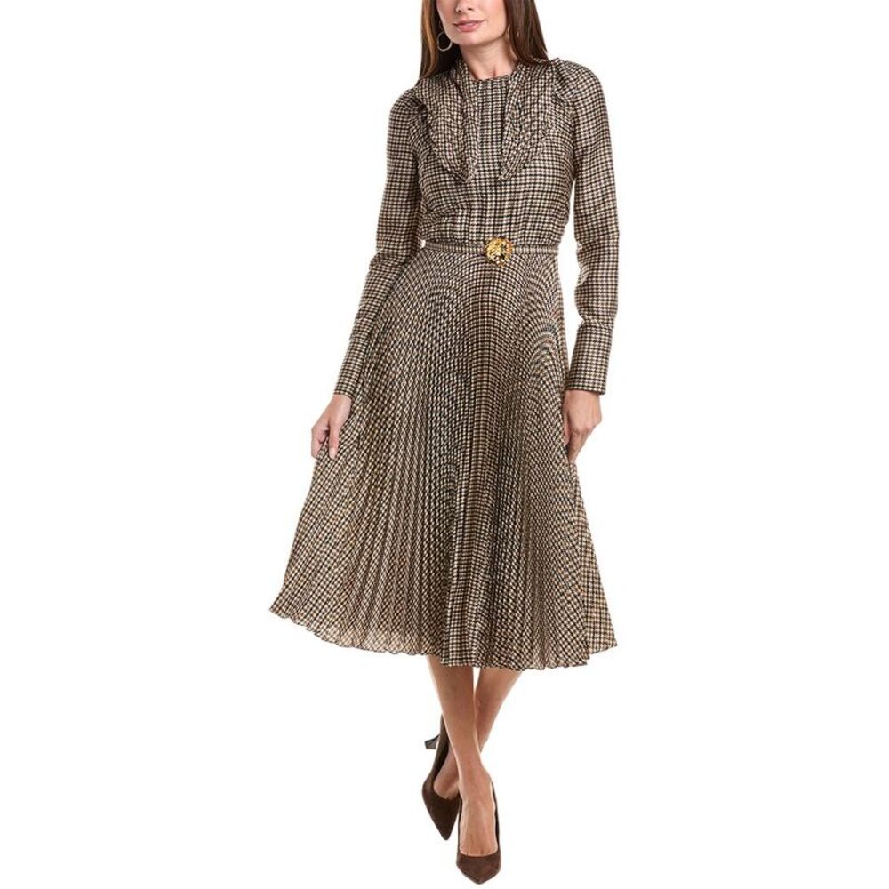 Oscar De La Renta Womens  Tie-Neck Pied De Poule Silk-Lined Midi Dress, Brown